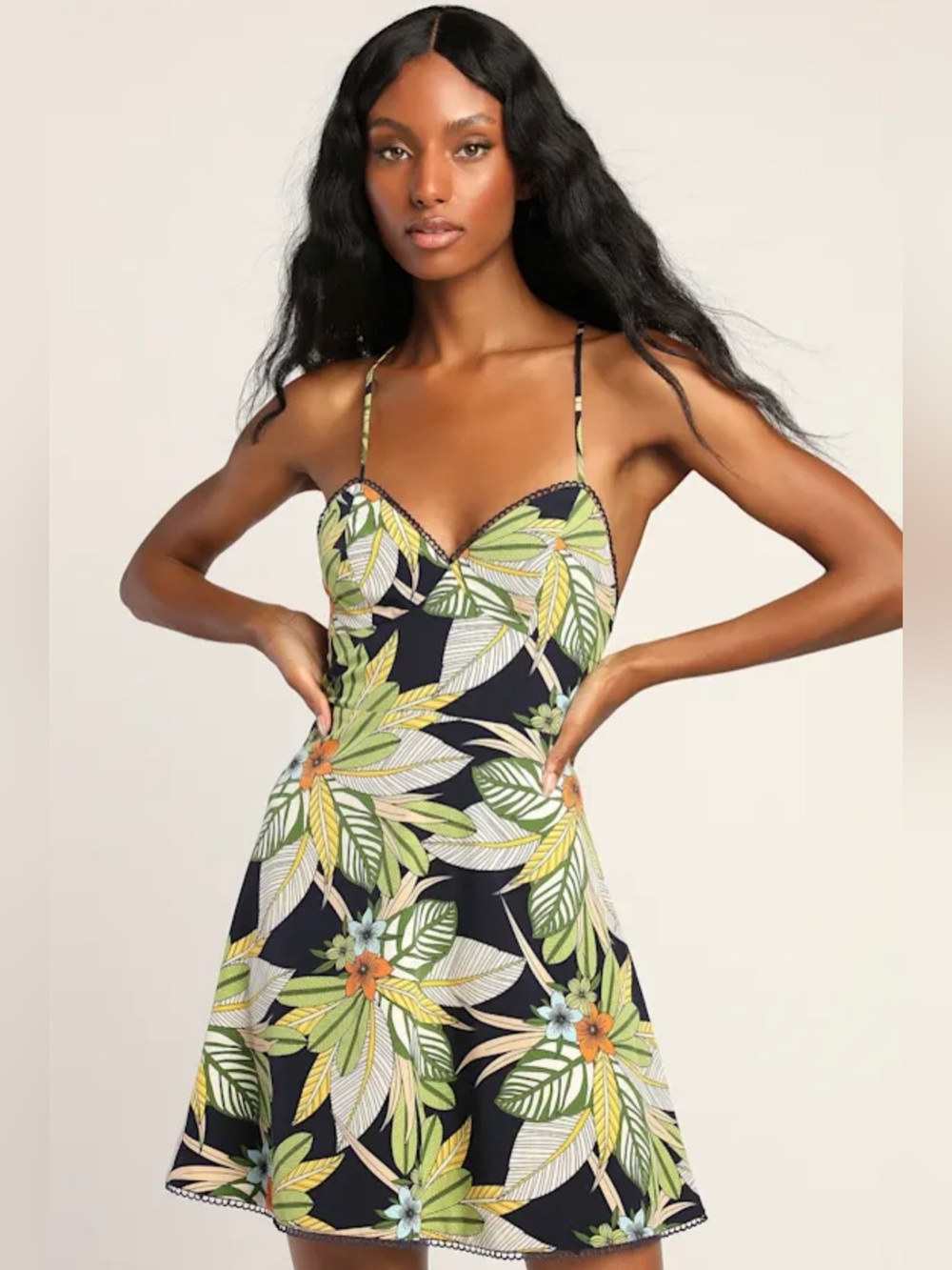 Lulus Tropical Affair NWT Navy Print Lace Back Sun Dress L